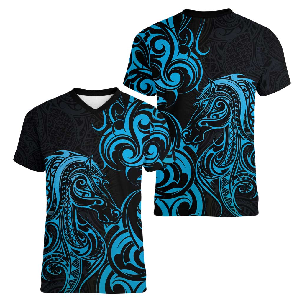 Blue Aoteara Horse Racing Women V-Neck T-Shirt NZ Maori Pattern