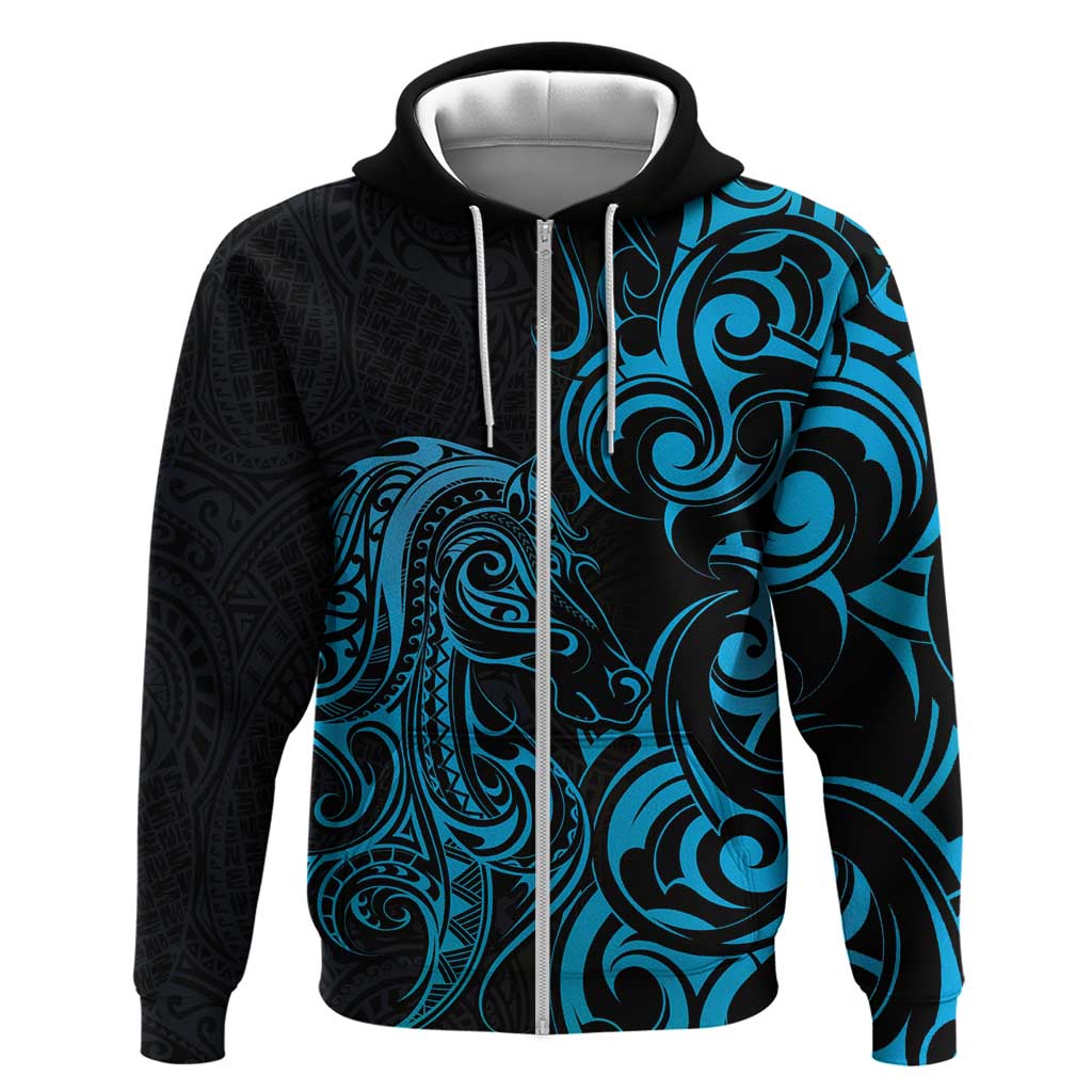 Blue Aotearoa Horse Racing Zip Hoodie NZ Maori Pattern LT14 Zip Hoodie Blue - Polynesian Pride