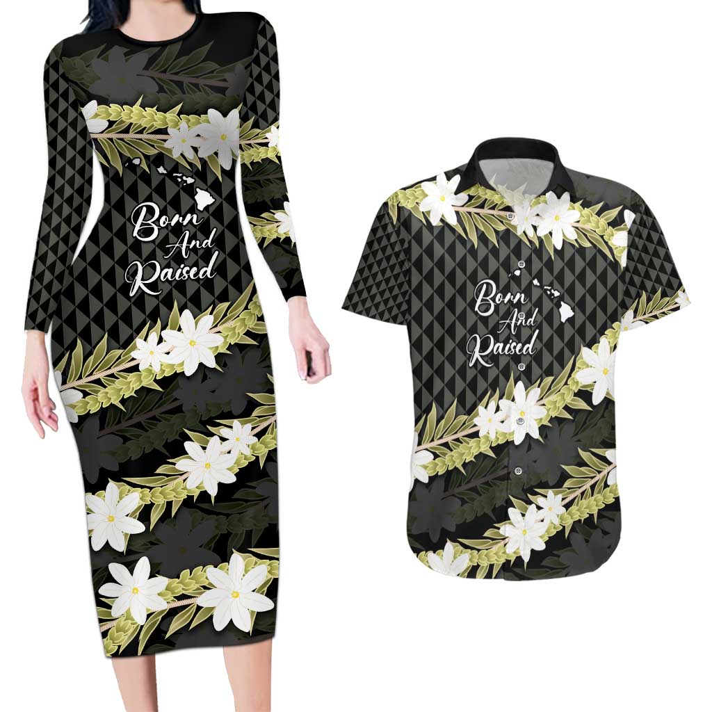 Born And Raised Aloha Hawaii Couples Matching Long Sleeve Bodycon Dress and Hawaiian Shirt Kanaka Kakau Hawaiian Tiare Pakalana Lei - Polynesian Pride