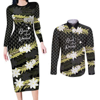 Born And Raised Aloha Hawaii Couples Matching Long Sleeve Bodycon Dress and Long Sleeve Button Shirt Kanaka Kakau Hawaiian Tiare Pakalana Lei - Polynesian Pride