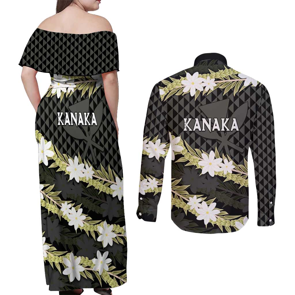 Born And Raised Aloha Hawaii Couples Matching Off Shoulder Maxi Dress and Long Sleeve Button Shirt Kanaka Kakau Hawaiian Tiare Pakalana Lei - Polynesian Pride