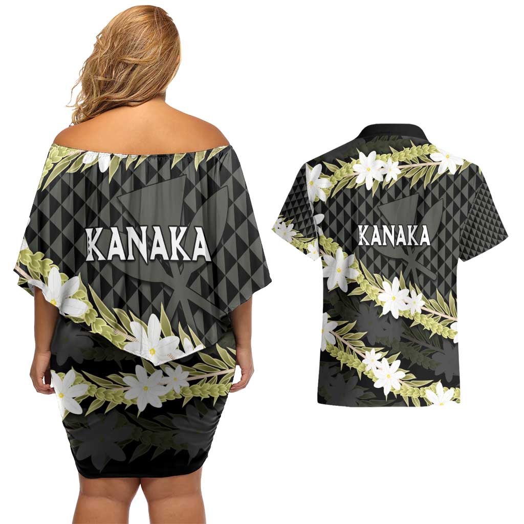 Born And Raised Aloha Hawaii Couples Matching Off Shoulder Short Dress and Hawaiian Shirt Kanaka Kakau Hawaiian Tiare Pakalana Lei - Polynesian Pride