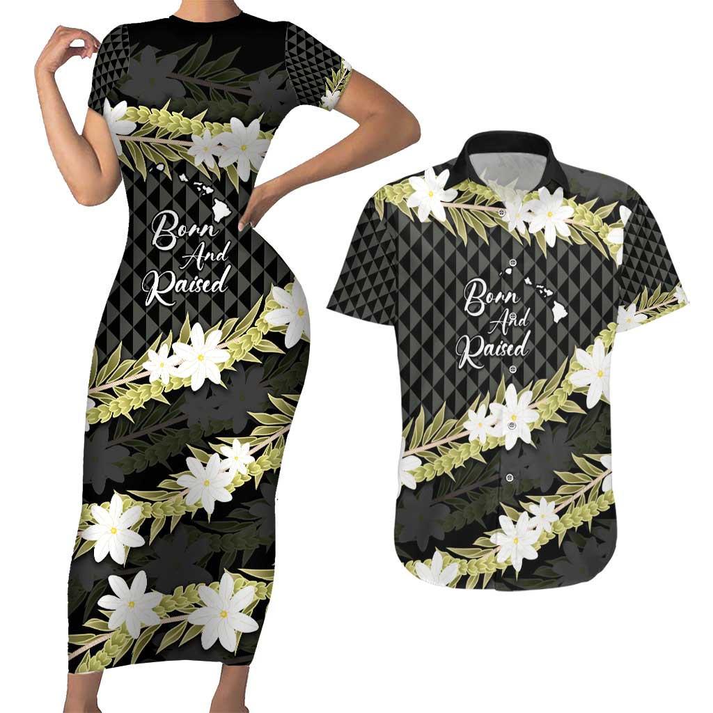 Born And Raised Aloha Hawaii Couples Matching Short Sleeve Bodycon Dress and Hawaiian Shirt Kanaka Kakau Hawaiian Tiare Pakalana Lei - Polynesian Pride