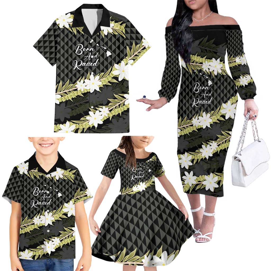 Born And Raised Aloha Hawaii Family Matching Off The Shoulder Long Sleeve Dress and Hawaiian Shirt Kanaka Kakau Hawaiian Tiare Pakalana Lei LT14 - Polynesian Pride