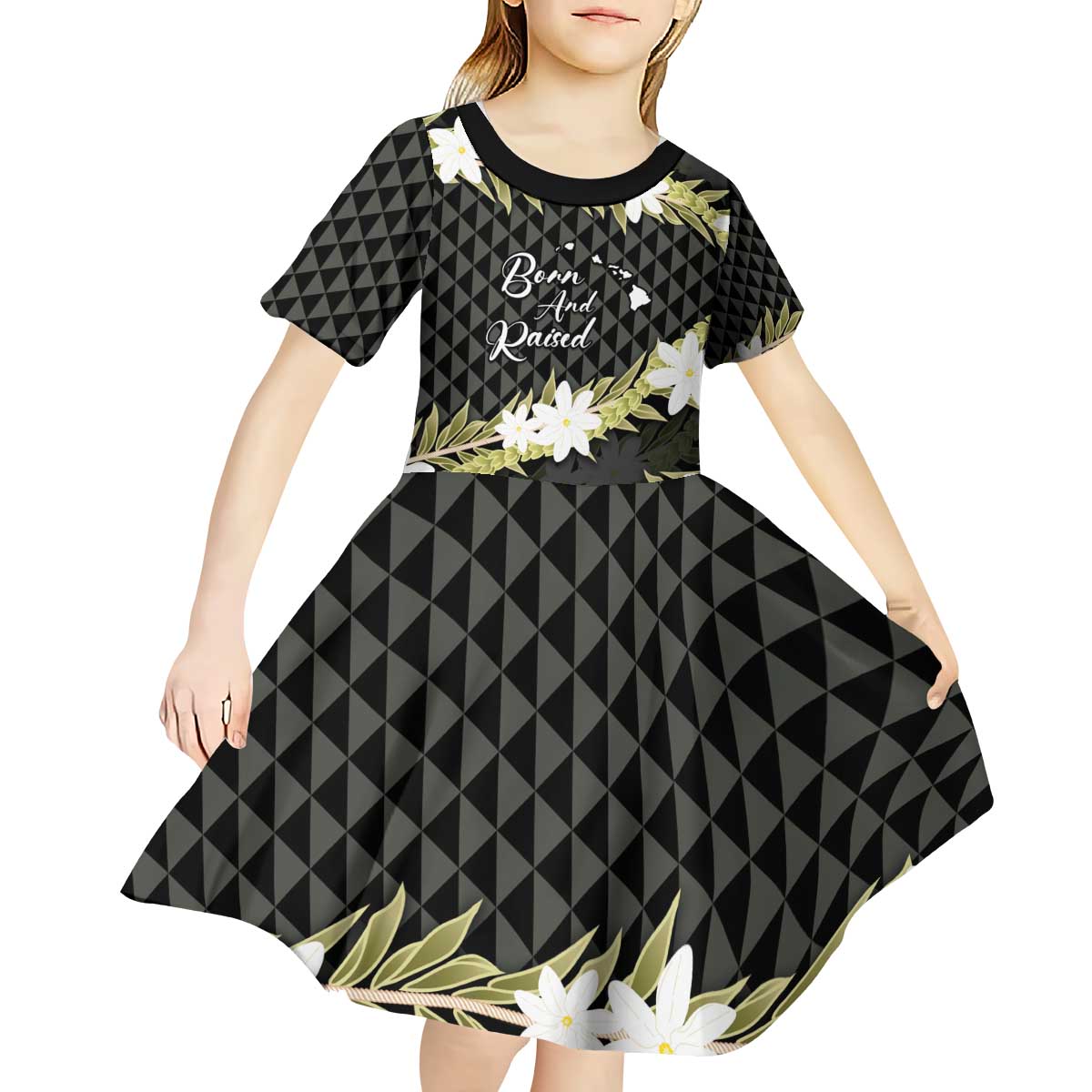 Born And Raised Aloha Hawaii Kid Short Sleeve Dress Kanaka Kakau Hawaiian Tiare Pakalana Lei - Polynesian Pride