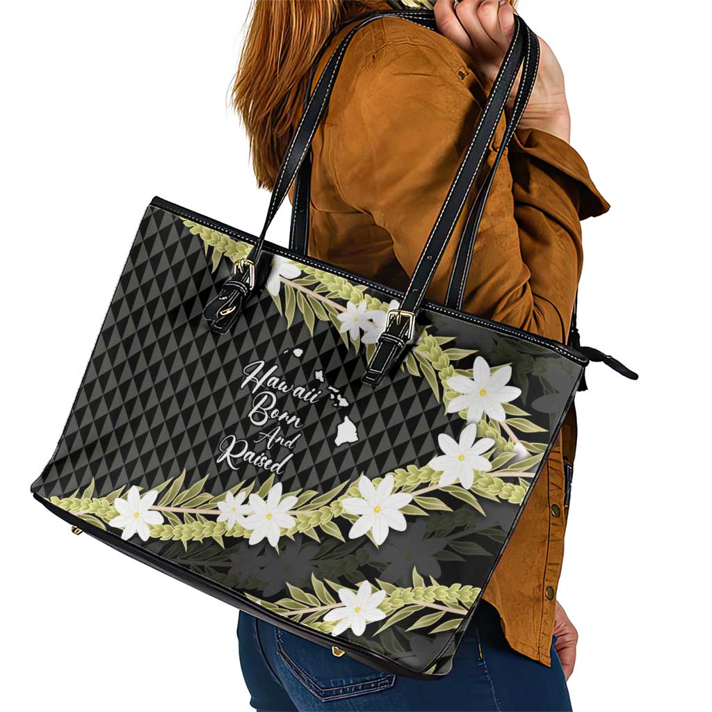 Born And Raised Aloha Hawaii Leather Tote Bag Kanaka Kakau Hawaiian Tiare Pakalana Lei - Polynesian Pride