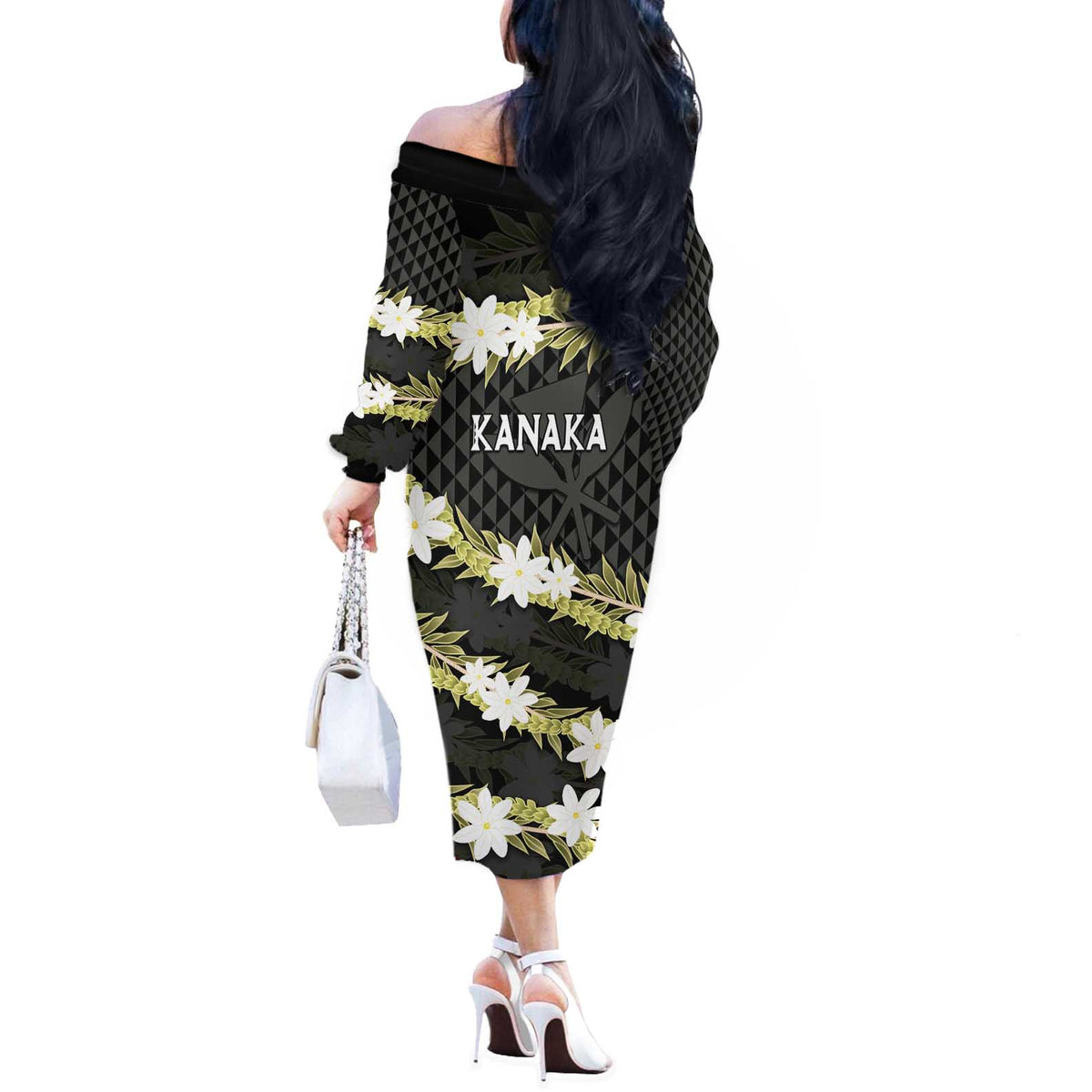 Born And Raised Aloha Hawaii Off The Shoulder Long Sleeve Dress Kanaka Kakau Hawaiian Tiare Pakalana Lei - Polynesian Pride
