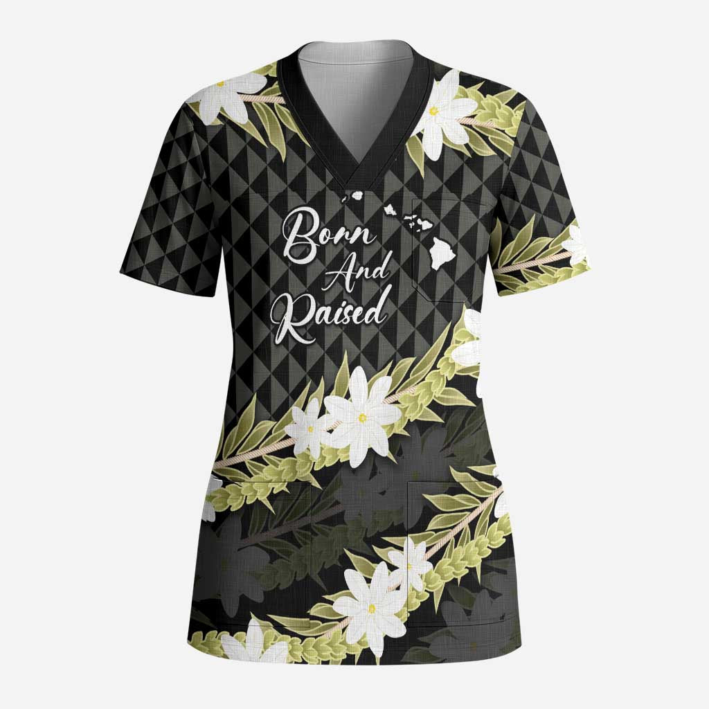 Born And Raised Aloha Hawaii Scrub Top Kanaka Kakau Hawaiian Tiare Pakalana Lei LT14 Adult Black - Polynesian Pride