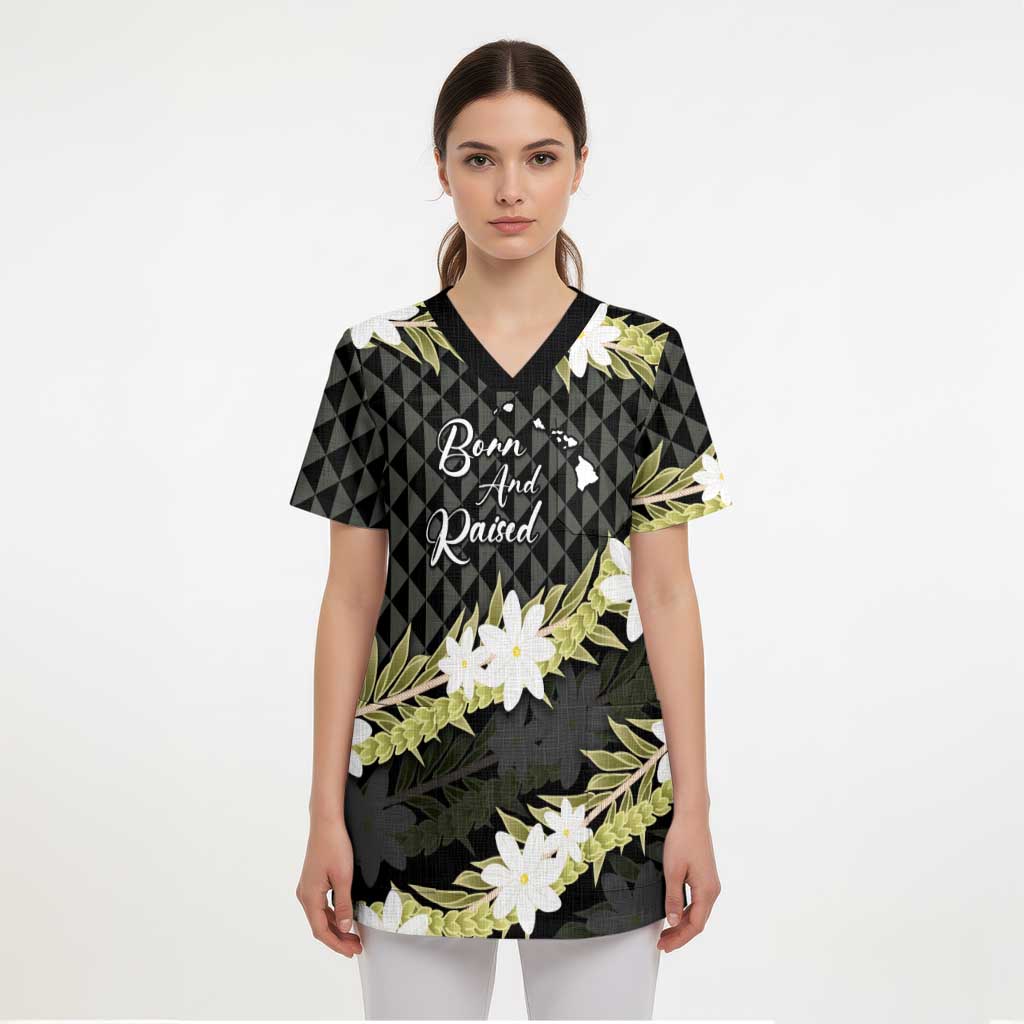 Born And Raised Aloha Hawaii Scrub Top Kanaka Kakau Hawaiian Tiare Pakalana Lei - Polynesian Pride