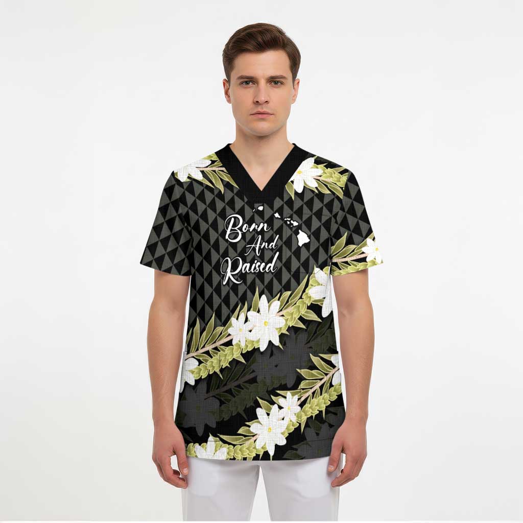 Born And Raised Aloha Hawaii Scrub Top Kanaka Kakau Hawaiian Tiare Pakalana Lei - Polynesian Pride