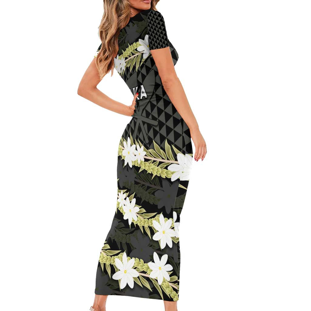 Born And Raised Aloha Hawaii Short Sleeve Bodycon Dress Kanaka Kakau Hawaiian Tiare Pakalana Lei - Polynesian Pride
