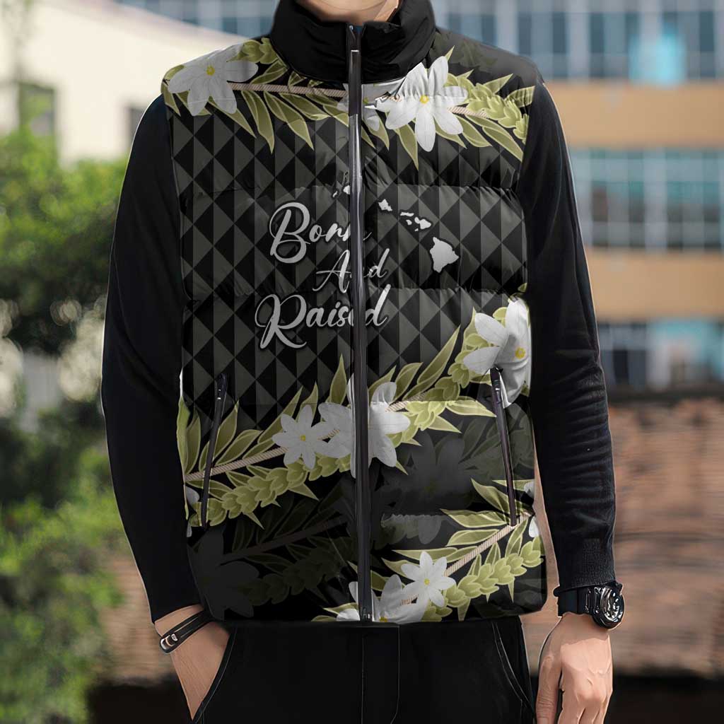 Born And Raised Aloha Hawaii Sleeveless Puffer Jacket Kanaka Kakau Hawaiian Tiare Pakalana Lei - Polynesian Pride