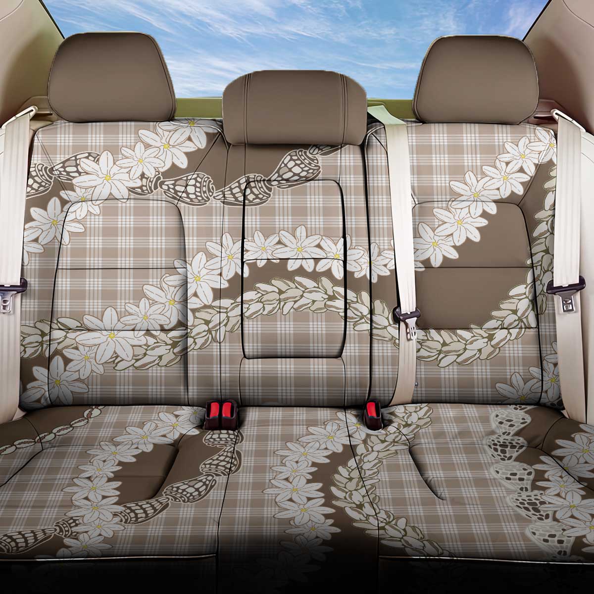 Brown Hawaii Tiare and Shell Lei Back Car Seat Cover Hawaiian Palaka Luxury Vibes - Polynesian Pride