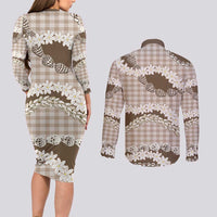 Brown Hawaii Tiare and Shell Lei Couples Matching Long Sleeve Bodycon Dress and Long Sleeve Button Shirt Hawaiian Palaka Luxury Vibes - Polynesian Pride