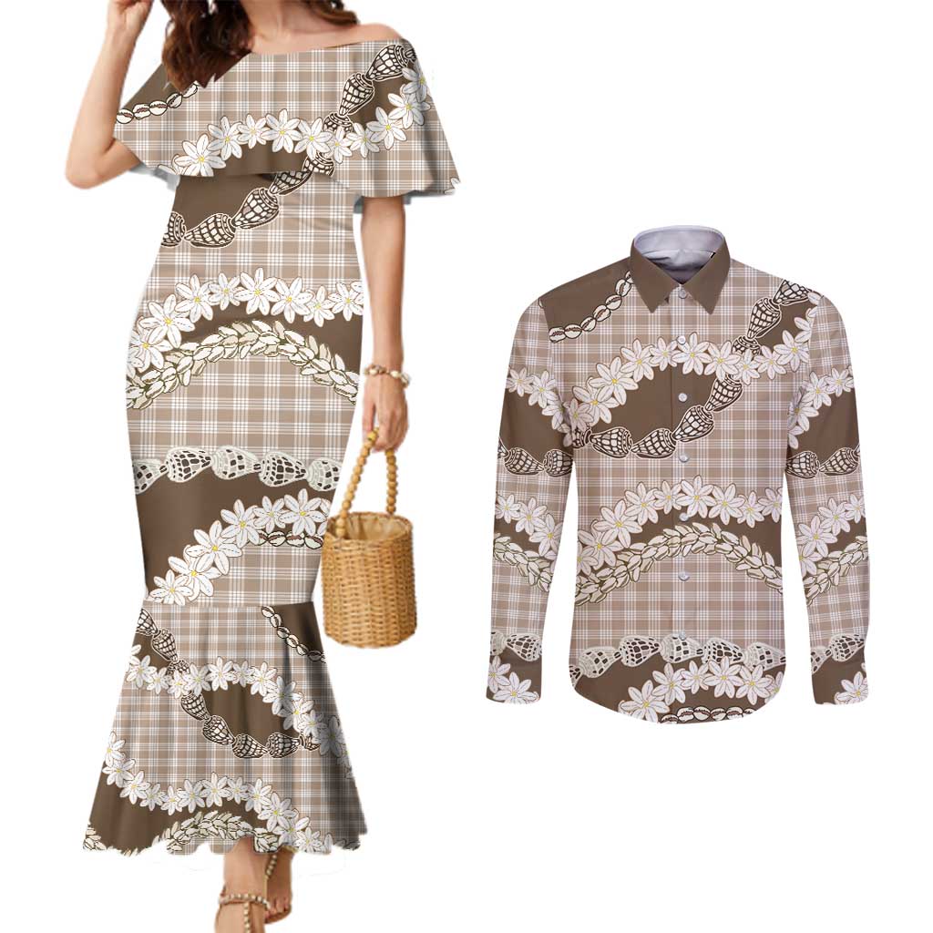 Brown Hawaii Tiare and Shell Lei Couples Matching Mermaid Dress and Long Sleeve Button Shirt Hawaiian Palaka Luxury Vibes LT14 Brown - Polynesian Pride