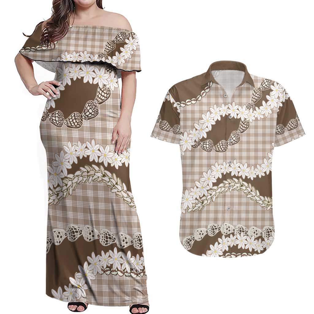 Brown Hawaii Tiare and Shell Lei Couples Matching Off Shoulder Maxi Dress and Hawaiian Shirt Hawaiian Palaka Luxury Vibes LT14 Brown - Polynesian Pride