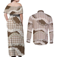 Brown Hawaii Tiare and Shell Lei Couples Matching Off Shoulder Maxi Dress and Long Sleeve Button Shirt Hawaiian Palaka Luxury Vibes - Polynesian Pride