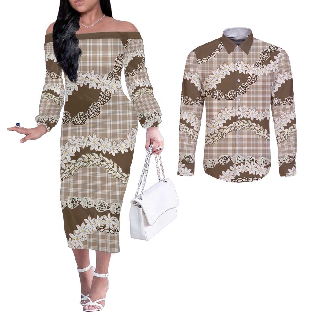 Brown Hawaii Tiare and Shell Lei Couples Matching Off The Shoulder Long Sleeve Dress and Long Sleeve Button Shirt Hawaiian Palaka Luxury Vibes LT14 Brown - Polynesian Pride