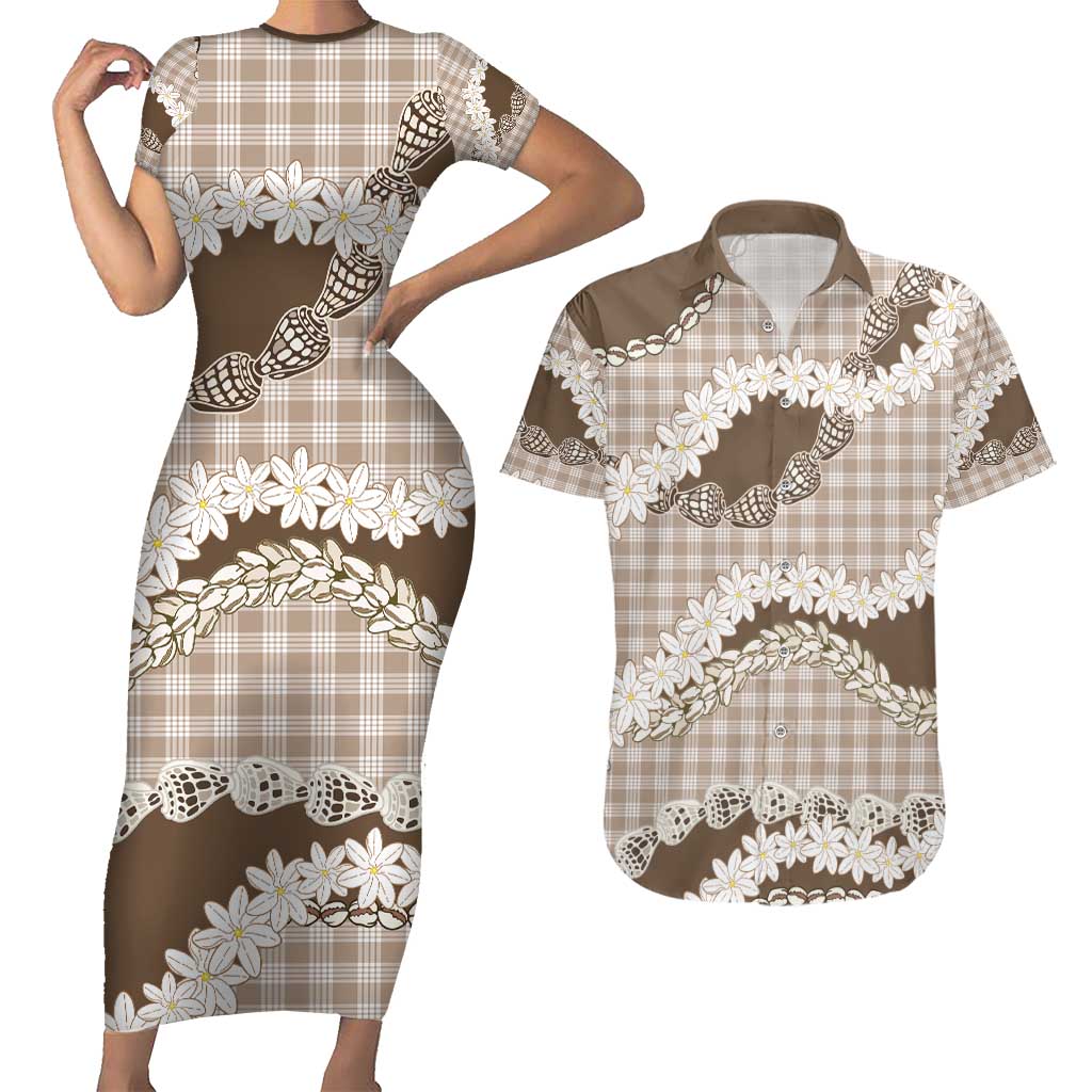 Brown Hawaii Tiare and Shell Lei Couples Matching Short Sleeve Bodycon Dress and Hawaiian Shirt Hawaiian Palaka Luxury Vibes - Polynesian Pride