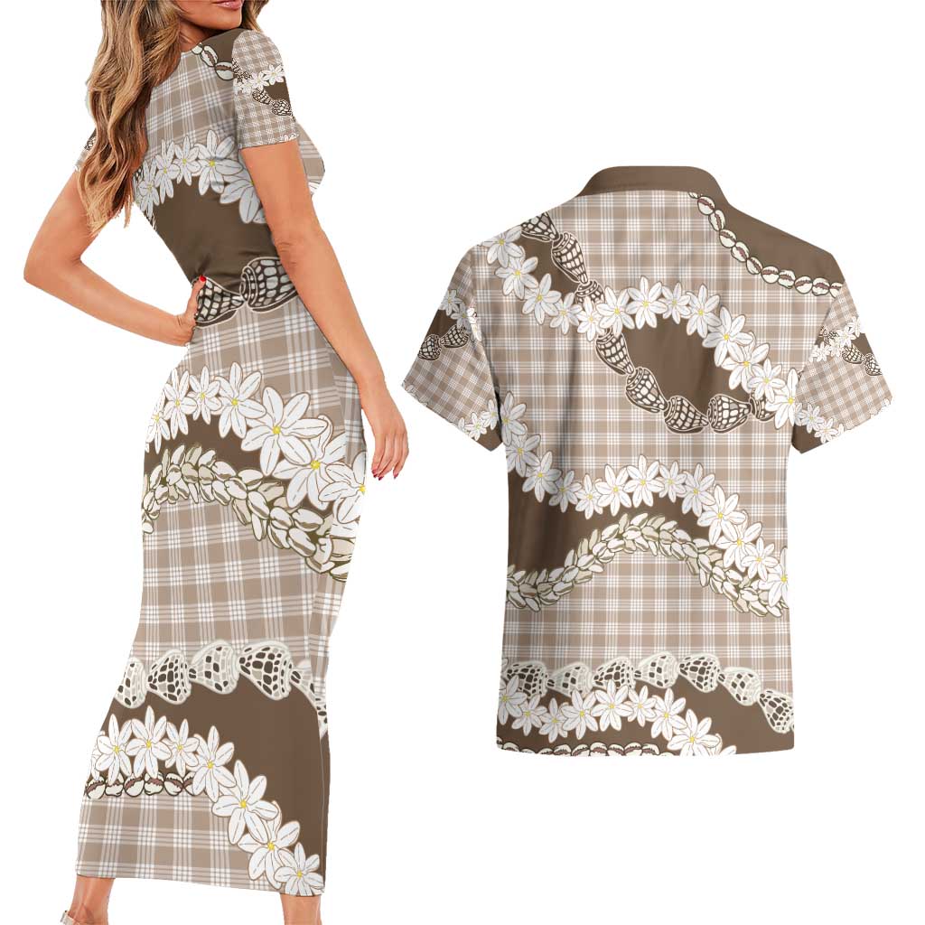 Brown Hawaii Tiare and Shell Lei Couples Matching Short Sleeve Bodycon Dress and Hawaiian Shirt Hawaiian Palaka Luxury Vibes - Polynesian Pride