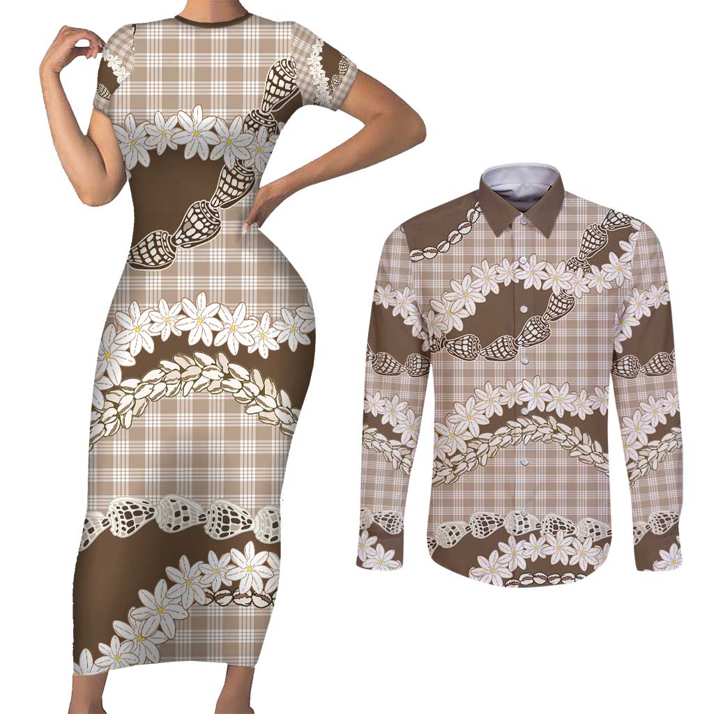 Brown Hawaii Tiare and Shell Lei Couples Matching Short Sleeve Bodycon Dress and Long Sleeve Button Shirt Hawaiian Palaka Luxury Vibes - Polynesian Pride