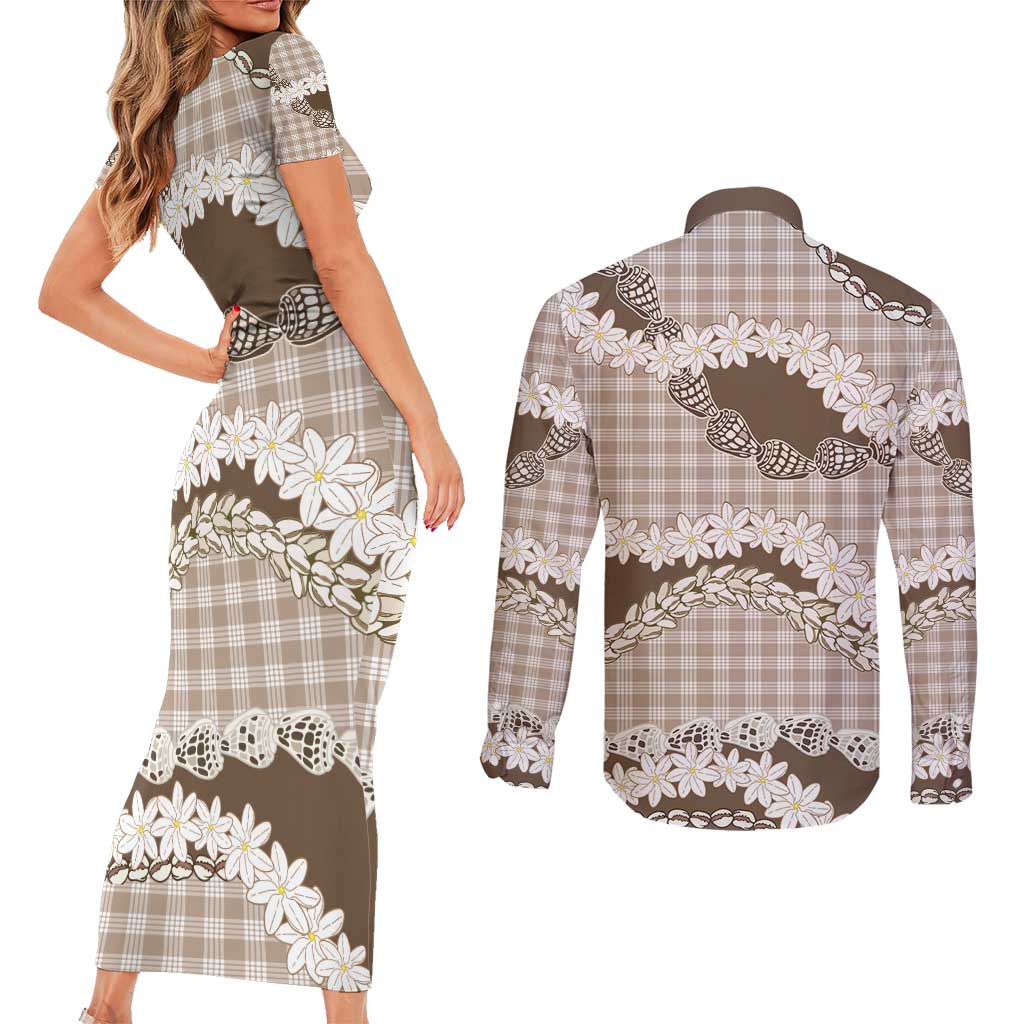 Brown Hawaii Tiare and Shell Lei Couples Matching Short Sleeve Bodycon Dress and Long Sleeve Button Shirt Hawaiian Palaka Luxury Vibes - Polynesian Pride
