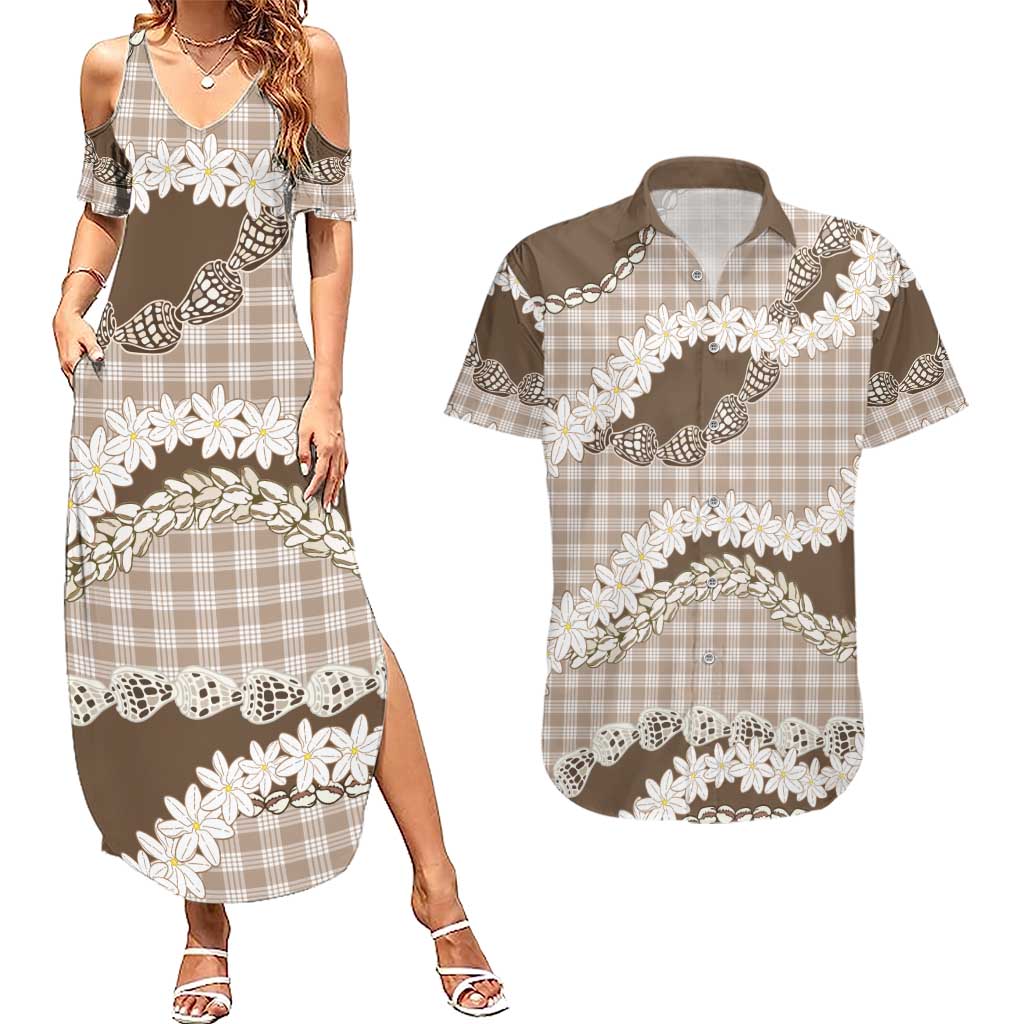 Brown Hawaii Tiare and Shell Lei Couples Matching Summer Maxi Dress and Hawaiian Shirt Hawaiian Palaka Luxury Vibes LT14 Brown - Polynesian Pride