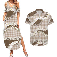Brown Hawaii Tiare and Shell Lei Couples Matching Summer Maxi Dress and Hawaiian Shirt Hawaiian Palaka Luxury Vibes - Polynesian Pride