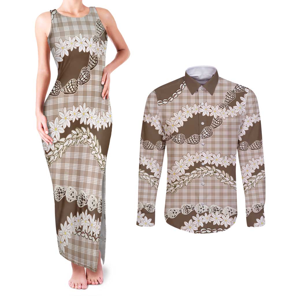 Brown Hawaii Tiare and Shell Lei Couples Matching Tank Maxi Dress and Long Sleeve Button Shirt Hawaiian Palaka Luxury Vibes LT14 Brown - Polynesian Pride