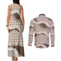 Brown Hawaii Tiare and Shell Lei Couples Matching Tank Maxi Dress and Long Sleeve Button Shirt Hawaiian Palaka Luxury Vibes - Polynesian Pride