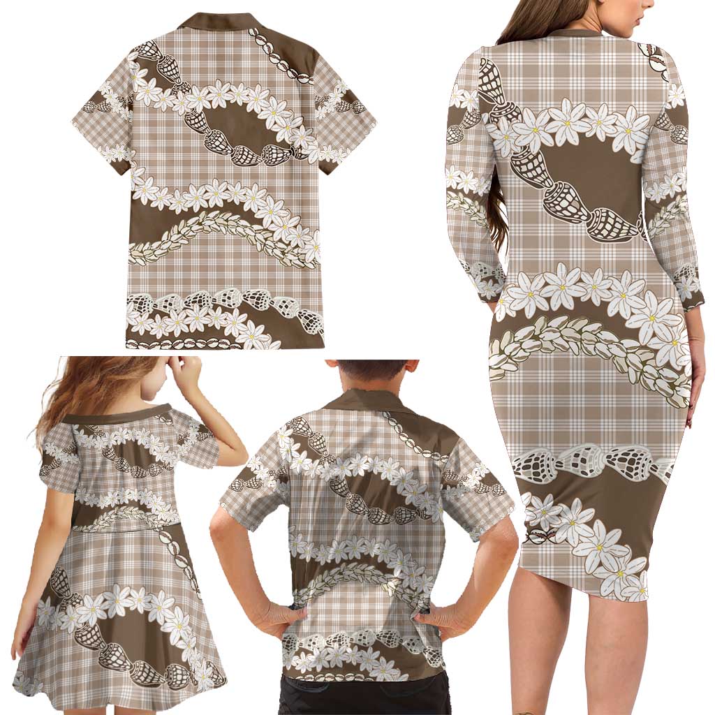 Brown Hawaii Tiare and Shell Lei Family Matching Long Sleeve Bodycon Dress and Hawaiian Shirt Hawaiian Palaka Luxury Vibes - Polynesian Pride