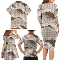 Brown Hawaii Tiare and Shell Lei Family Matching Long Sleeve Bodycon Dress and Hawaiian Shirt Hawaiian Palaka Luxury Vibes - Polynesian Pride