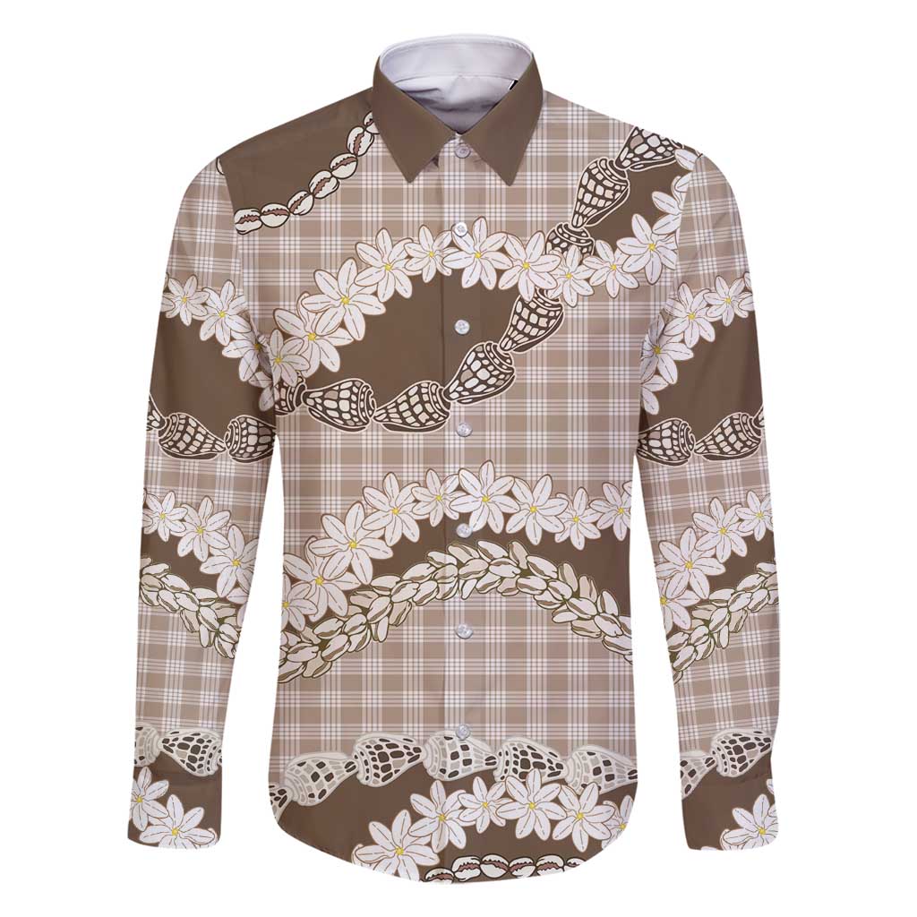 Brown Hawaii Tiare and Shell Lei Family Matching Long Sleeve Bodycon Dress and Hawaiian Shirt Hawaiian Palaka Luxury Vibes - Polynesian Pride