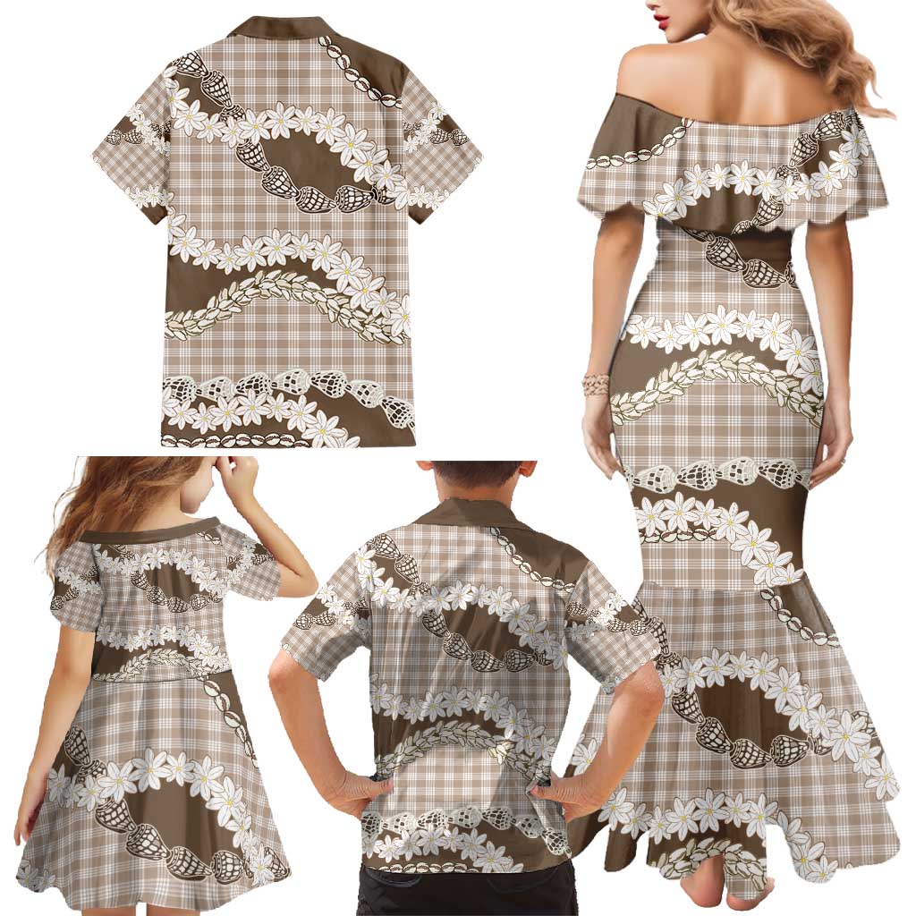 Brown Hawaii Tiare and Shell Lei Family Matching Mermaid Dress and Hawaiian Shirt Hawaiian Palaka Luxury Vibes - Polynesian Pride
