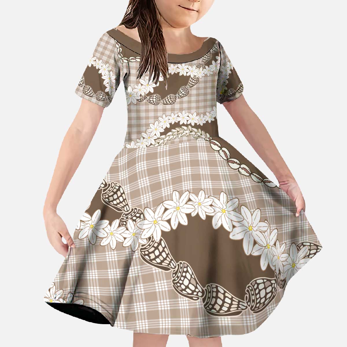 Brown Hawaii Tiare and Shell Lei Family Matching Off The Shoulder Long Sleeve Dress and Hawaiian Shirt Hawaiian Palaka Luxury Vibes - Polynesian Pride