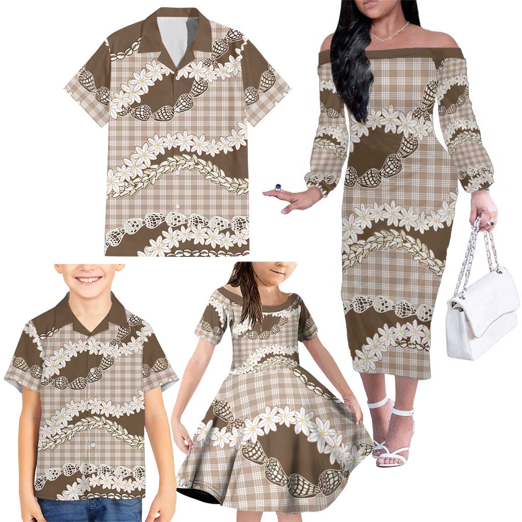 Brown Hawaii Tiare and Shell Lei Family Matching Off The Shoulder Long Sleeve Dress and Hawaiian Shirt Hawaiian Palaka Luxury Vibes LT14 - Polynesian Pride