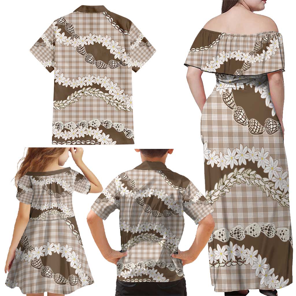 Brown Hawaii Tiare and Shell Lei Family Matching Off Shoulder Maxi Dress and Hawaiian Shirt Hawaiian Palaka Luxury Vibes - Polynesian Pride