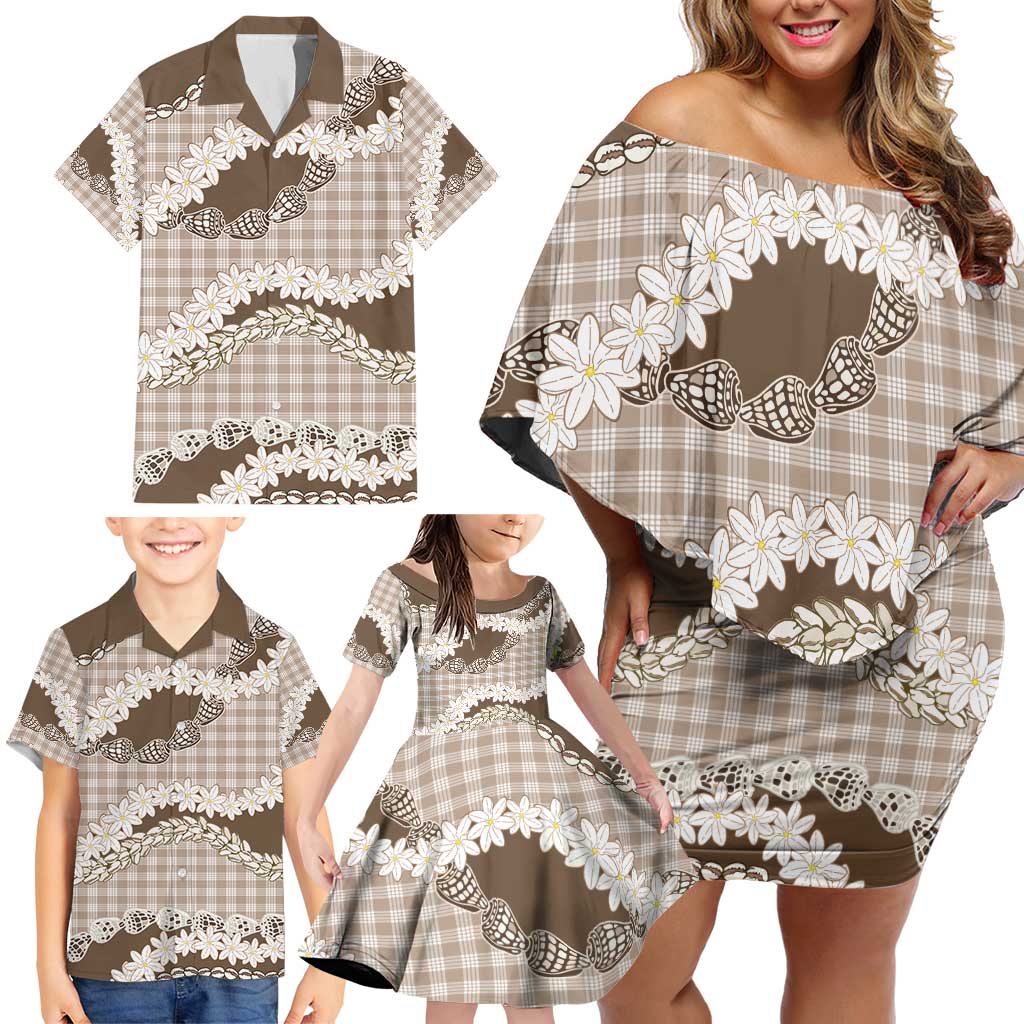 Brown Hawaii Tiare and Shell Lei Family Matching Off Shoulder Short Dress and Hawaiian Shirt Hawaiian Palaka Luxury Vibes - Polynesian Pride