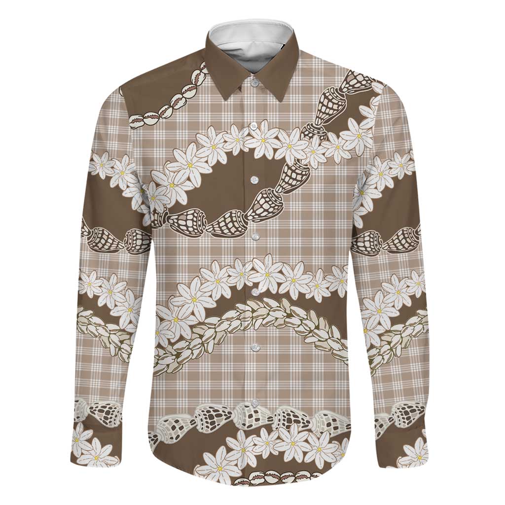 Brown Hawaii Tiare and Shell Lei Family Matching Puletasi and Hawaiian Shirt Hawaiian Palaka Luxury Vibes LT14 Dad's Shirt - Long Sleeve Brown - Polynesian Pride