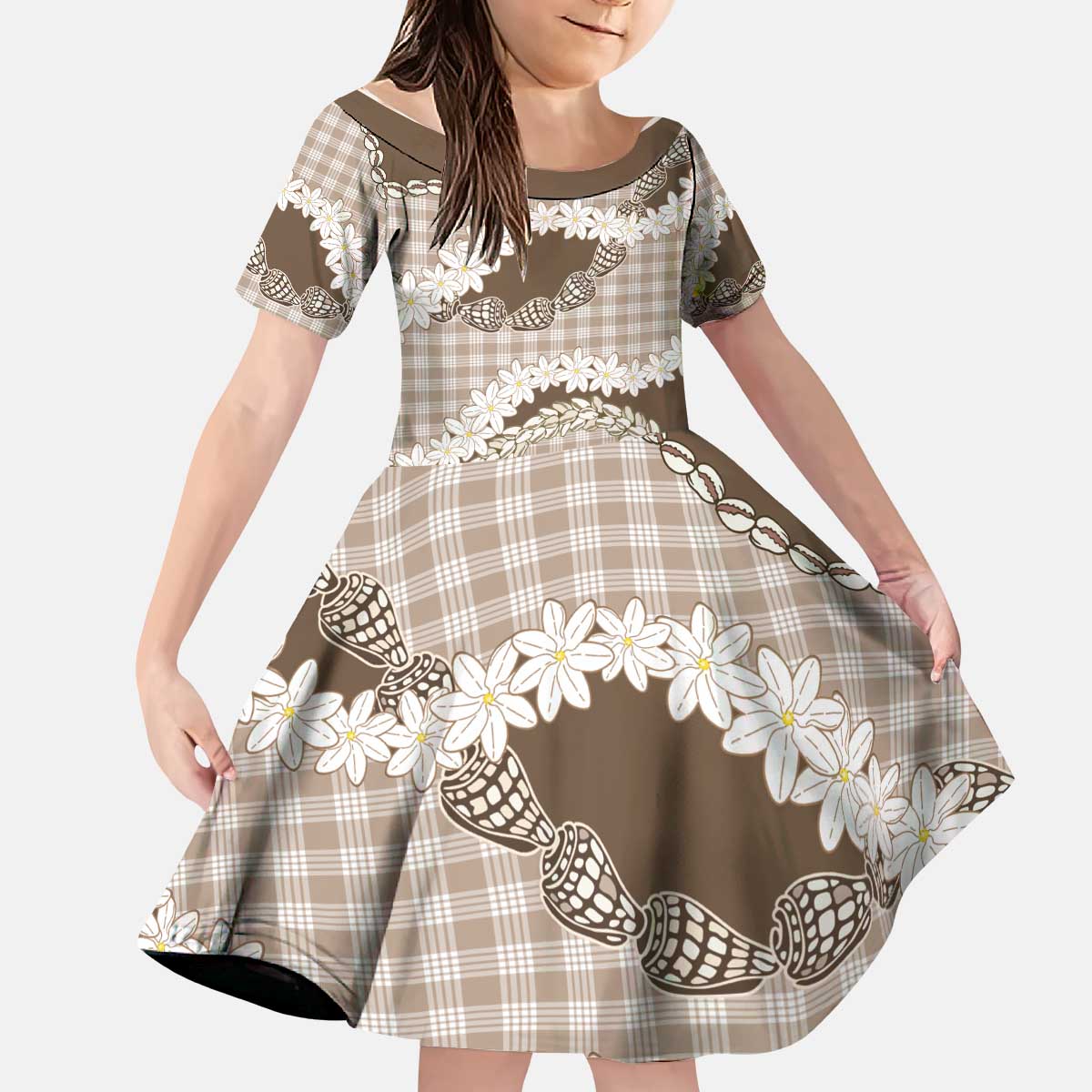 Brown Hawaii Tiare and Shell Lei Kid Short Sleeve Dress Hawaiian Palaka Luxury Vibes - Polynesian Pride