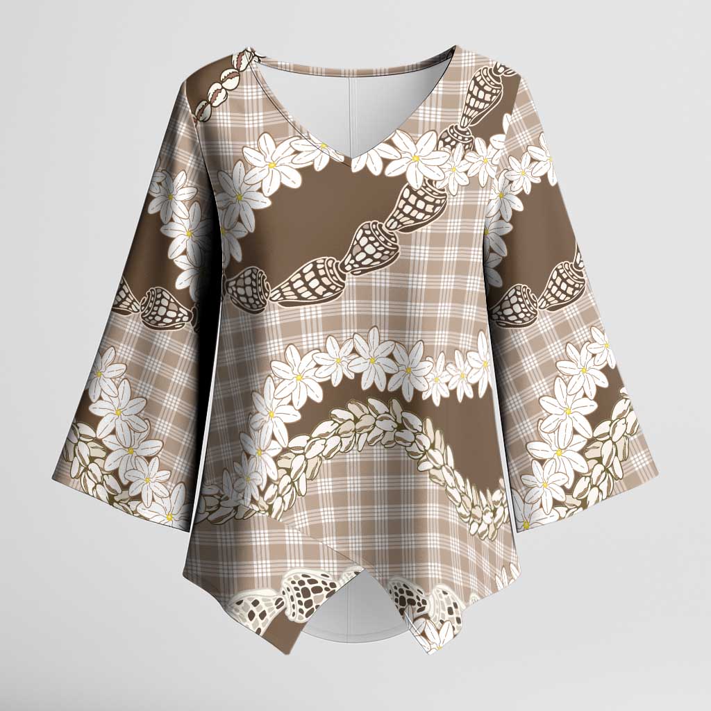 Brown Hawaii Tiare and Shell Lei Kimono Sleeve Blouse Hawaiian Palaka Luxury Vibes - Polynesian Pride