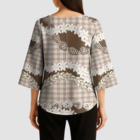 Brown Hawaii Tiare and Shell Lei Kimono Sleeve Blouse Hawaiian Palaka Luxury Vibes - Polynesian Pride