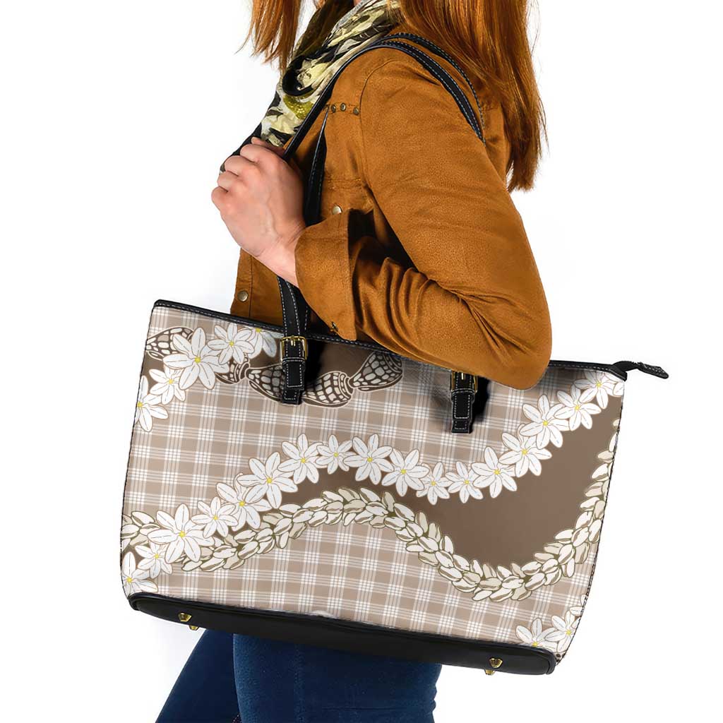 Brown Hawaii Tiare and Shell Lei Leather Tote Bag Hawaiian Palaka Luxury Vibes - Polynesian Pride