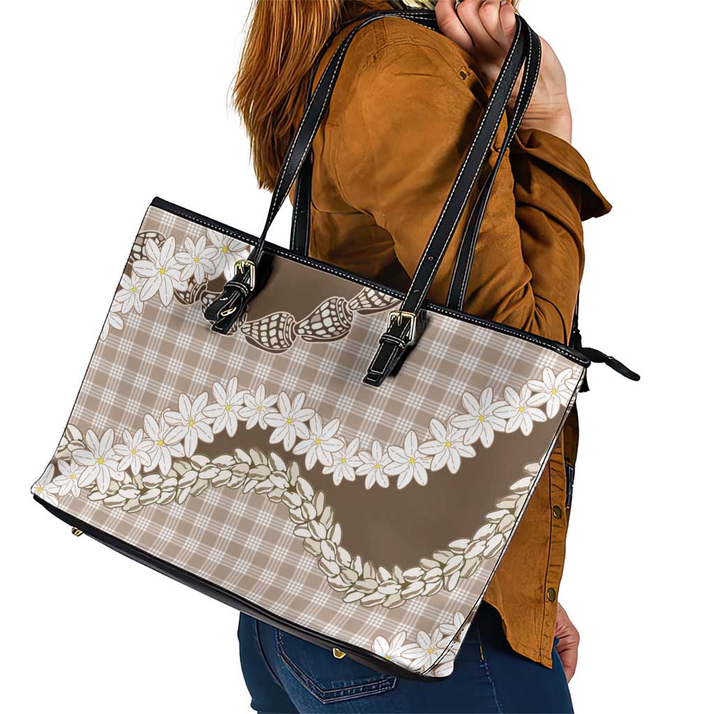 Brown Hawaii Tiare and Shell Lei Leather Tote Bag Hawaiian Palaka Luxury Vibes - Polynesian Pride