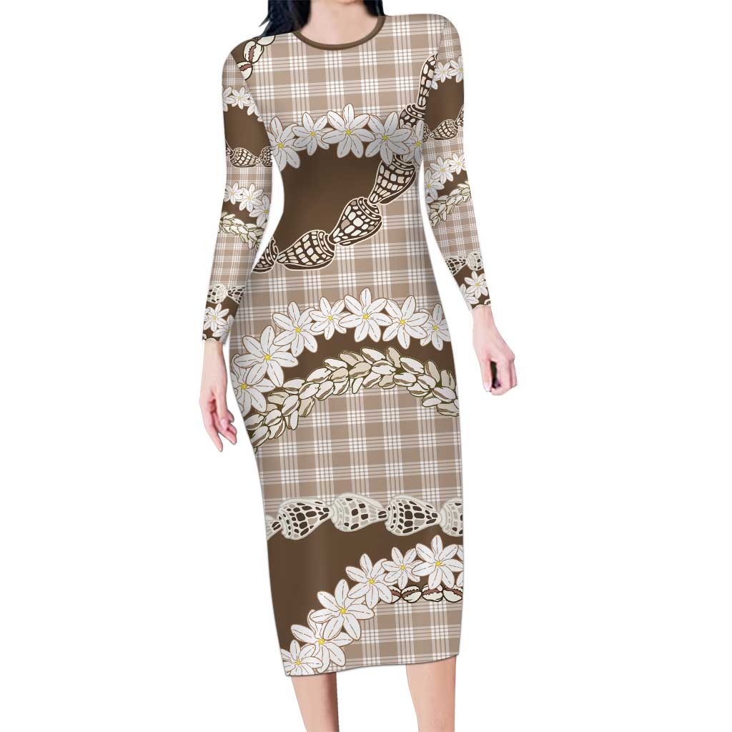 Brown Hawaii Tiare and Shell Lei Long Sleeve Bodycon Dress Hawaiian Palaka Luxury Vibes - Polynesian Pride