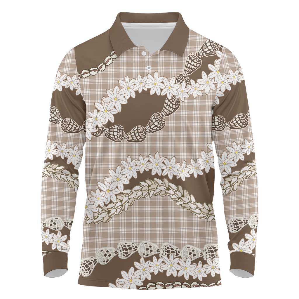 Brown Hawaii Tiare and Shell Lei Long Sleeve Polo Shirt Hawaiian Palaka Luxury Vibes LT14 Brown - Polynesian Pride