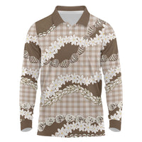 Brown Hawaii Tiare and Shell Lei Long Sleeve Polo Shirt Hawaiian Palaka Luxury Vibes - Polynesian Pride