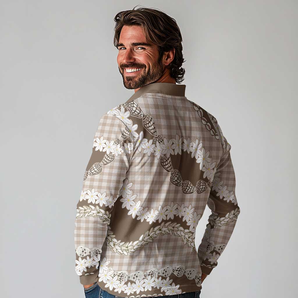 Brown Hawaii Tiare and Shell Lei Long Sleeve Polo Shirt Hawaiian Palaka Luxury Vibes - Polynesian Pride