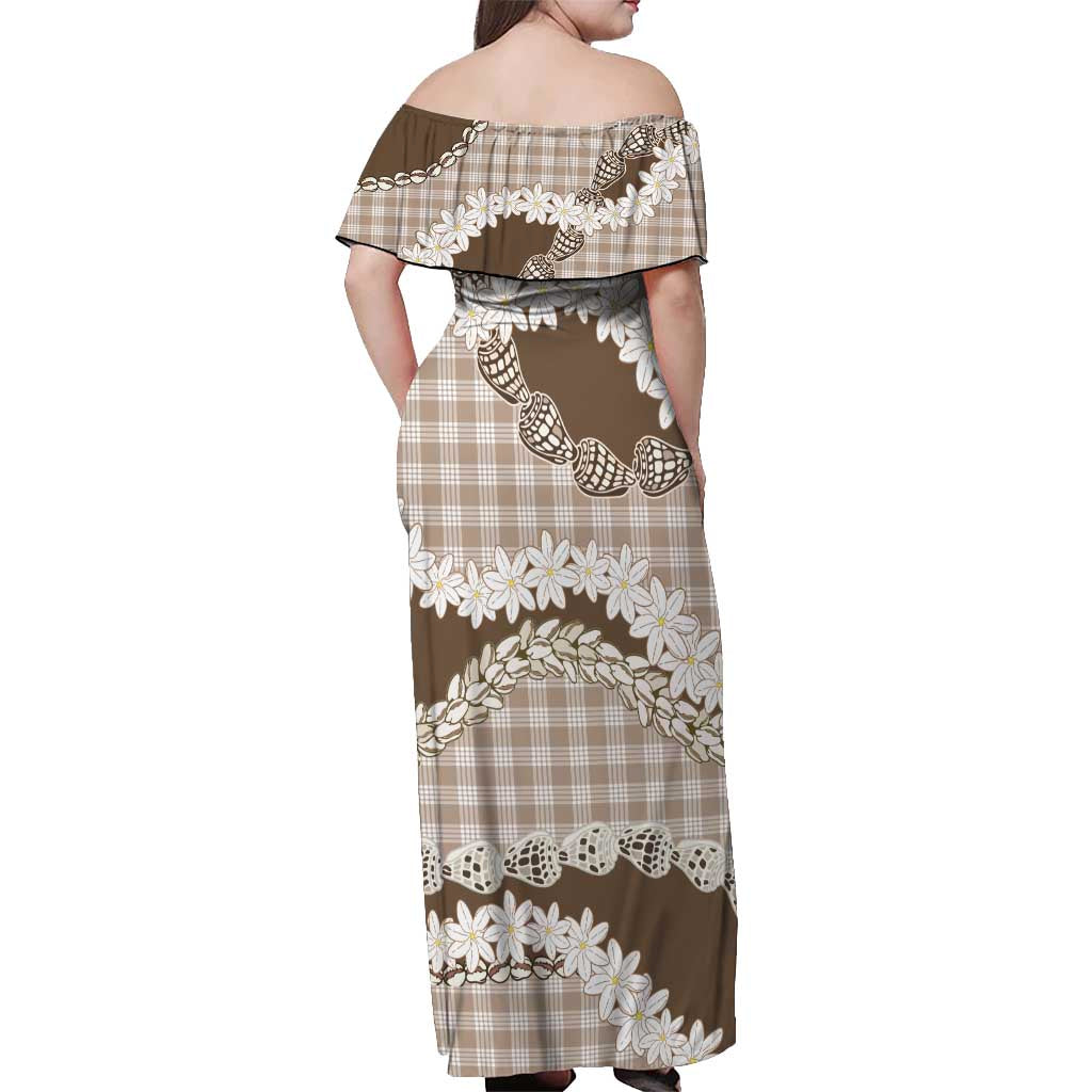 Brown Hawaii Tiare and Shell Lei Off Shoulder Maxi Dress Hawaiian Palaka Luxury Vibes - Polynesian Pride