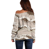 Brown Hawaii Tiare and Shell Lei Off Shoulder Sweater Hawaiian Palaka Luxury Vibes - Polynesian Pride